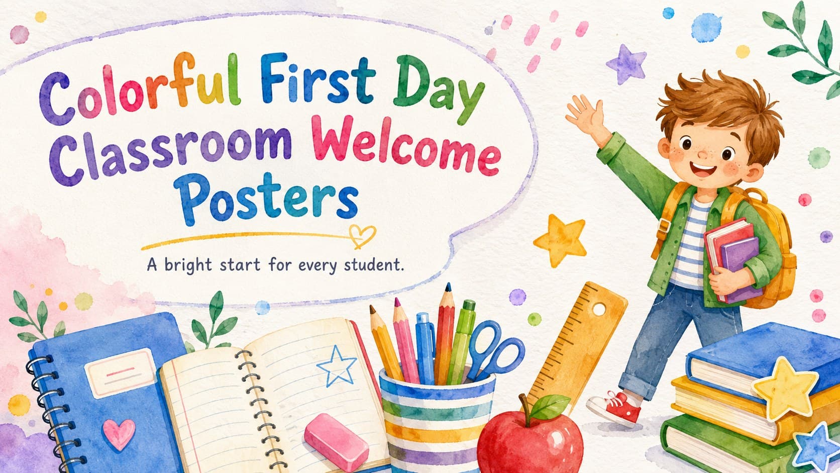 Cover for Colorful First Day Classroom Welcome Posters with cheerful watercolor school supplies and hand-drawn lettering.