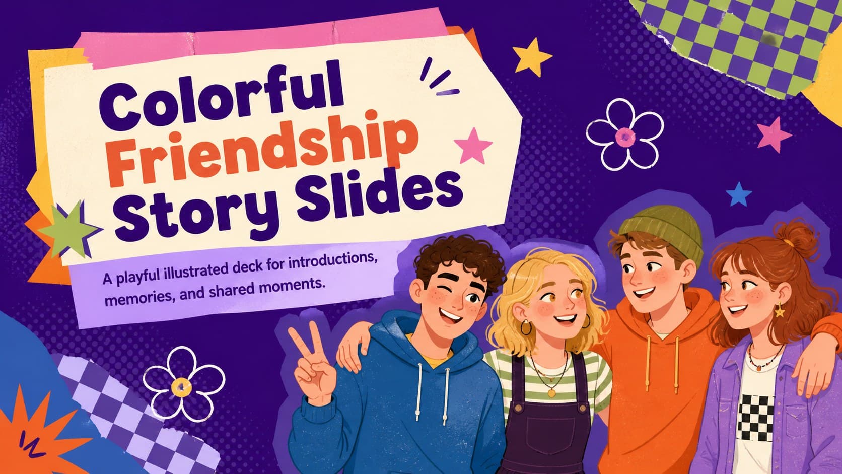 Cover for Colorful Friendship Story Slides with original friends, purple textures, and playful pop-art decorations.