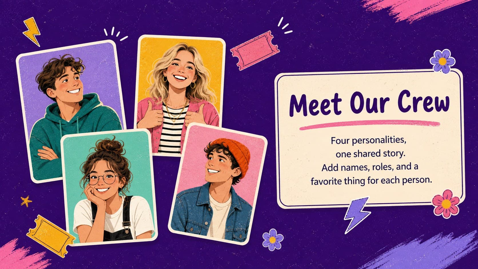 Illustrated friendship presentation template introducing four original group members on a vivid purple background.