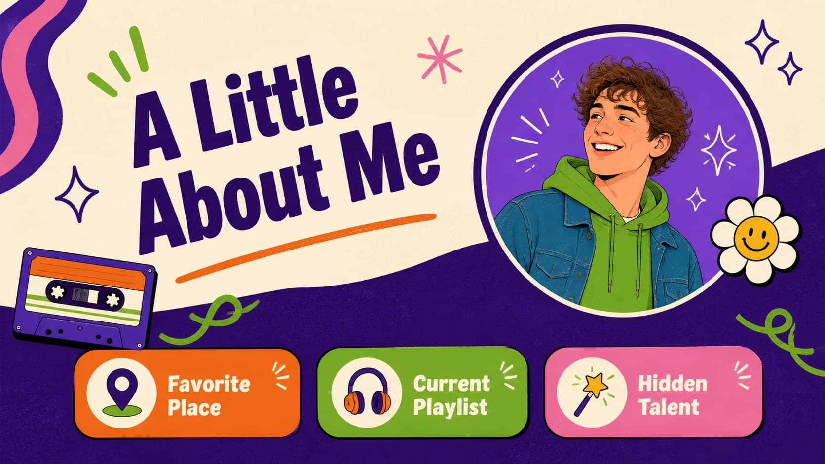 Fun group introduction slide featuring an original illustrated profile and quick personal facts.