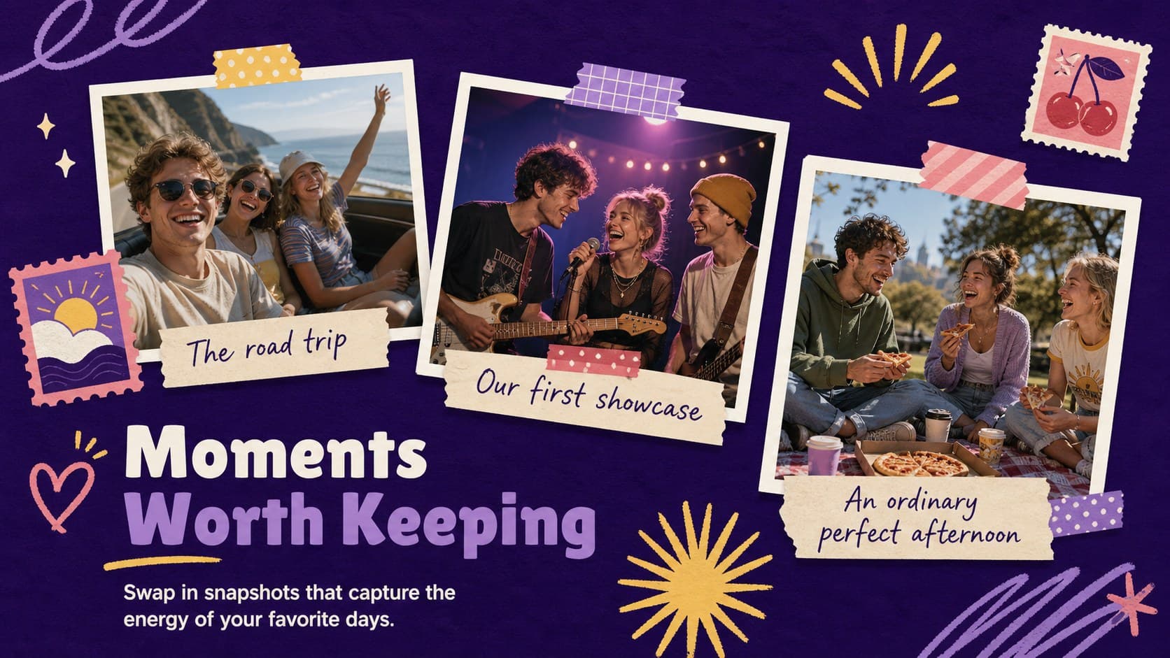 Retro friendship photo presentation slide with three memory snapshots and handwritten captions.