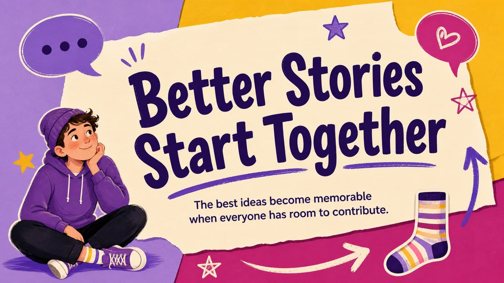 Illustrated friendship quote slide with bold lettering, purple collage textures, and an original character.