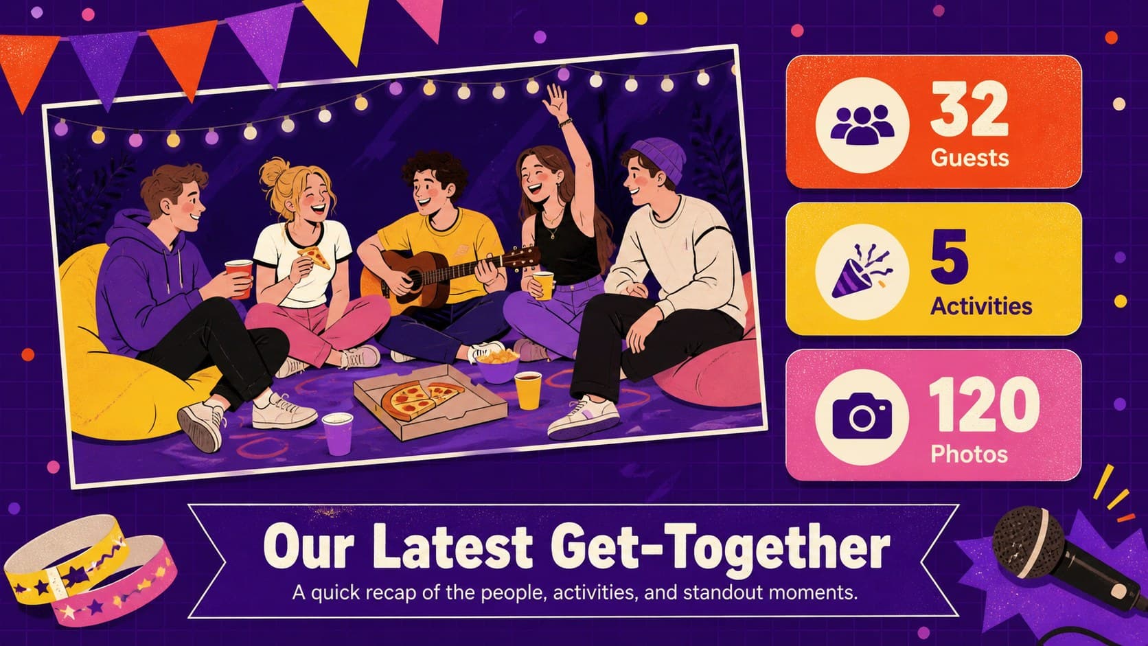 Creative club recap presentation with event highlights, original friends, and colorful statistics.