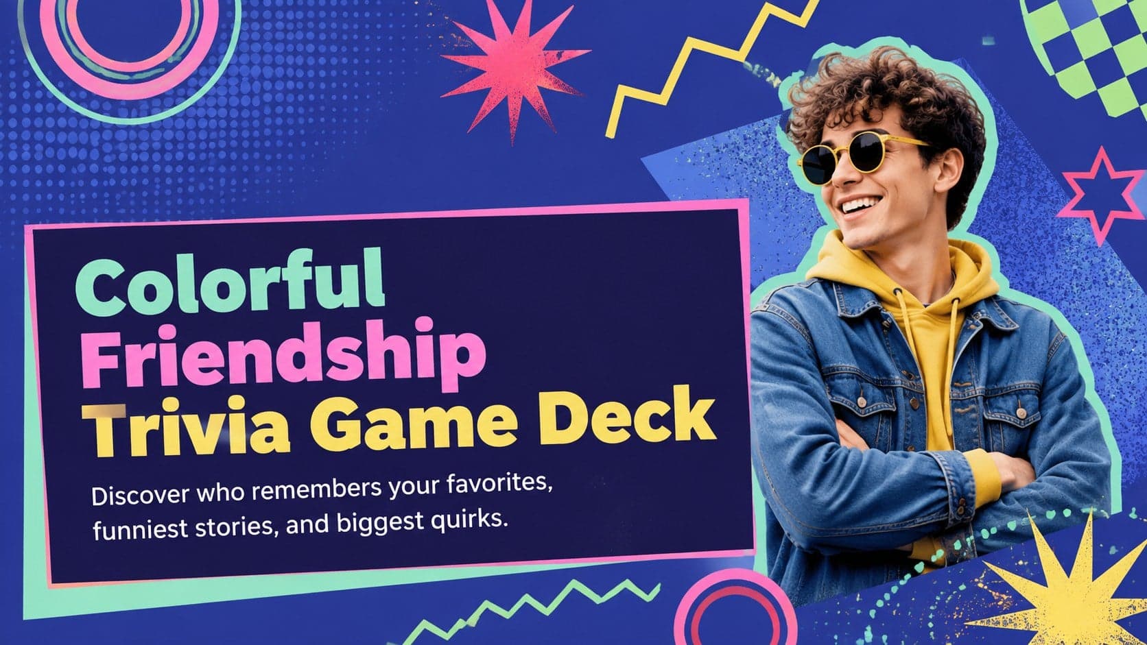 Colorful friendship trivia game deck cover with neon geometric shapes on a vivid blue background.