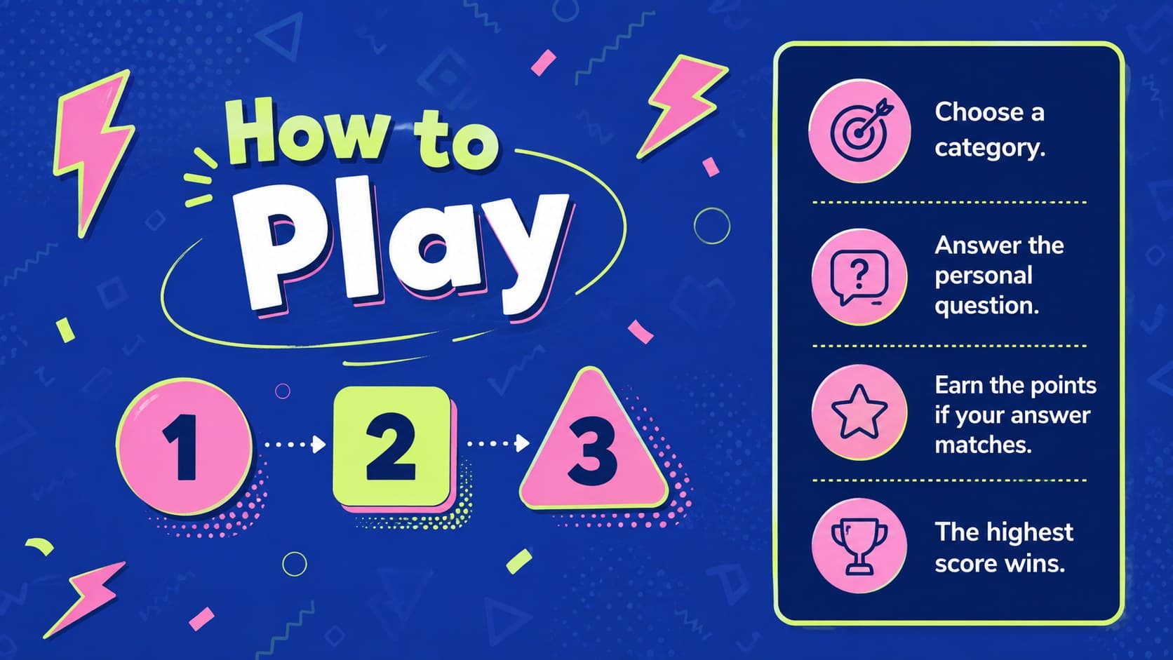 Geometric how-to-play slide explaining the rules for an editable friendship quiz game.