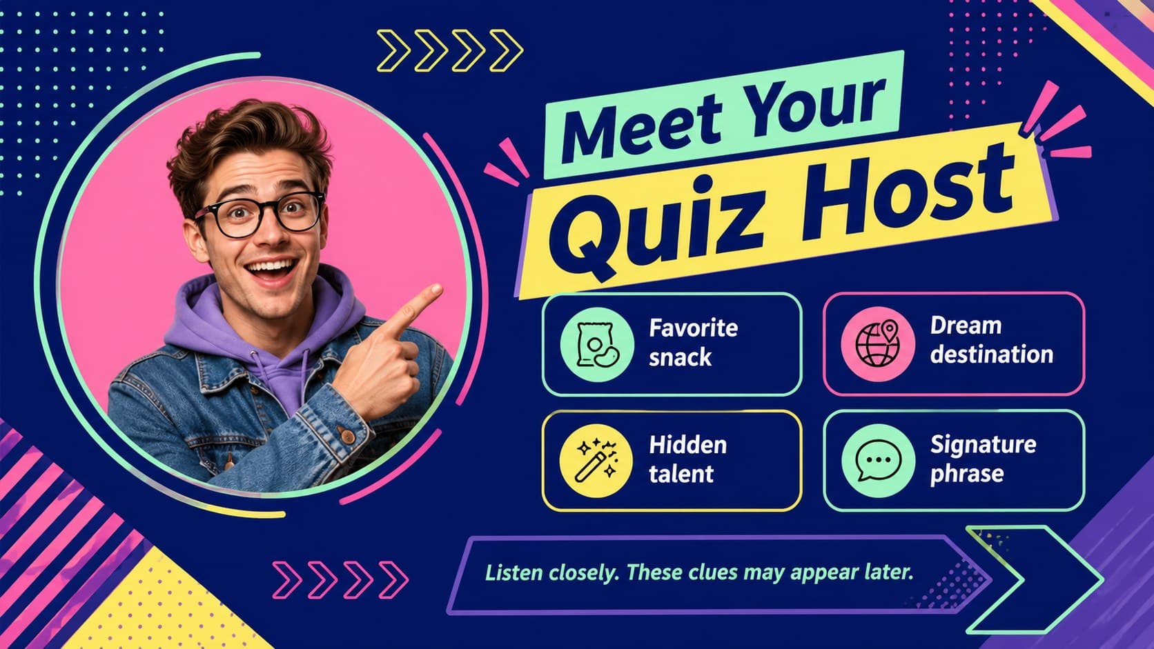 Personal introduction slide for a who knows me best PowerPoint game with editable host facts.