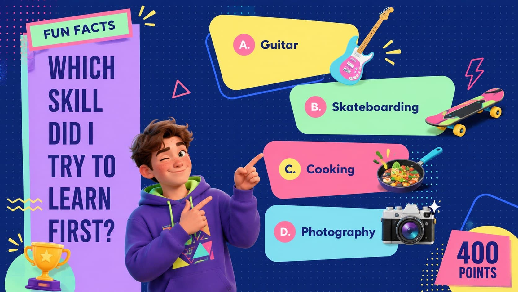Fun facts multiple-choice screen for a birthday friendship quiz template.