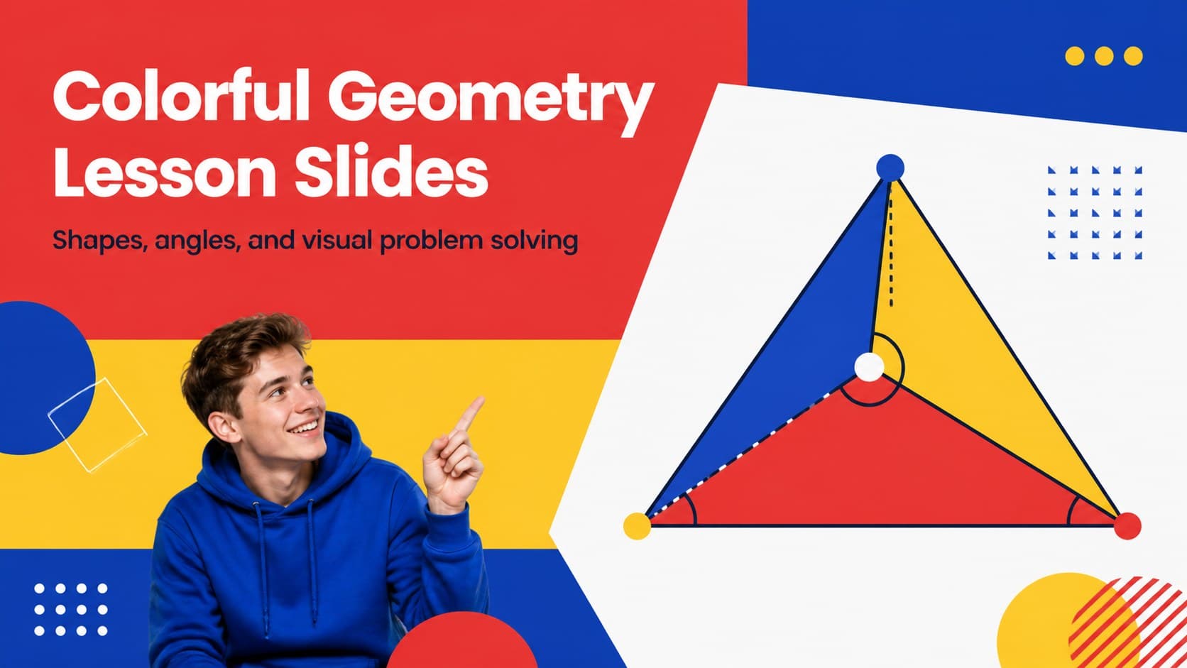 Cover slide for colorful geometry lesson slides with bright primary-color shapes and a classroom-focused title.