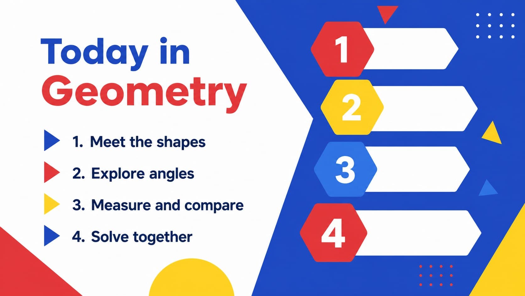 Geometry lesson agenda slide organizing a colorful classroom presentation into clear learning sections.