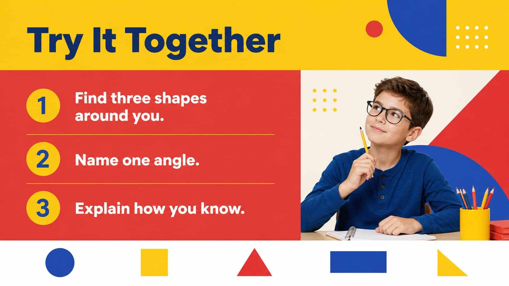Visual geometry activities slide presenting a classroom challenge about identifying shapes and angles.