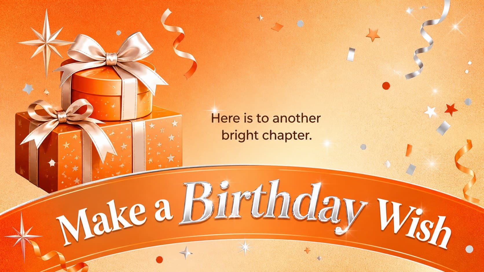 Birthday greeting card presentation slide with a bold celebratory message and orange confetti.