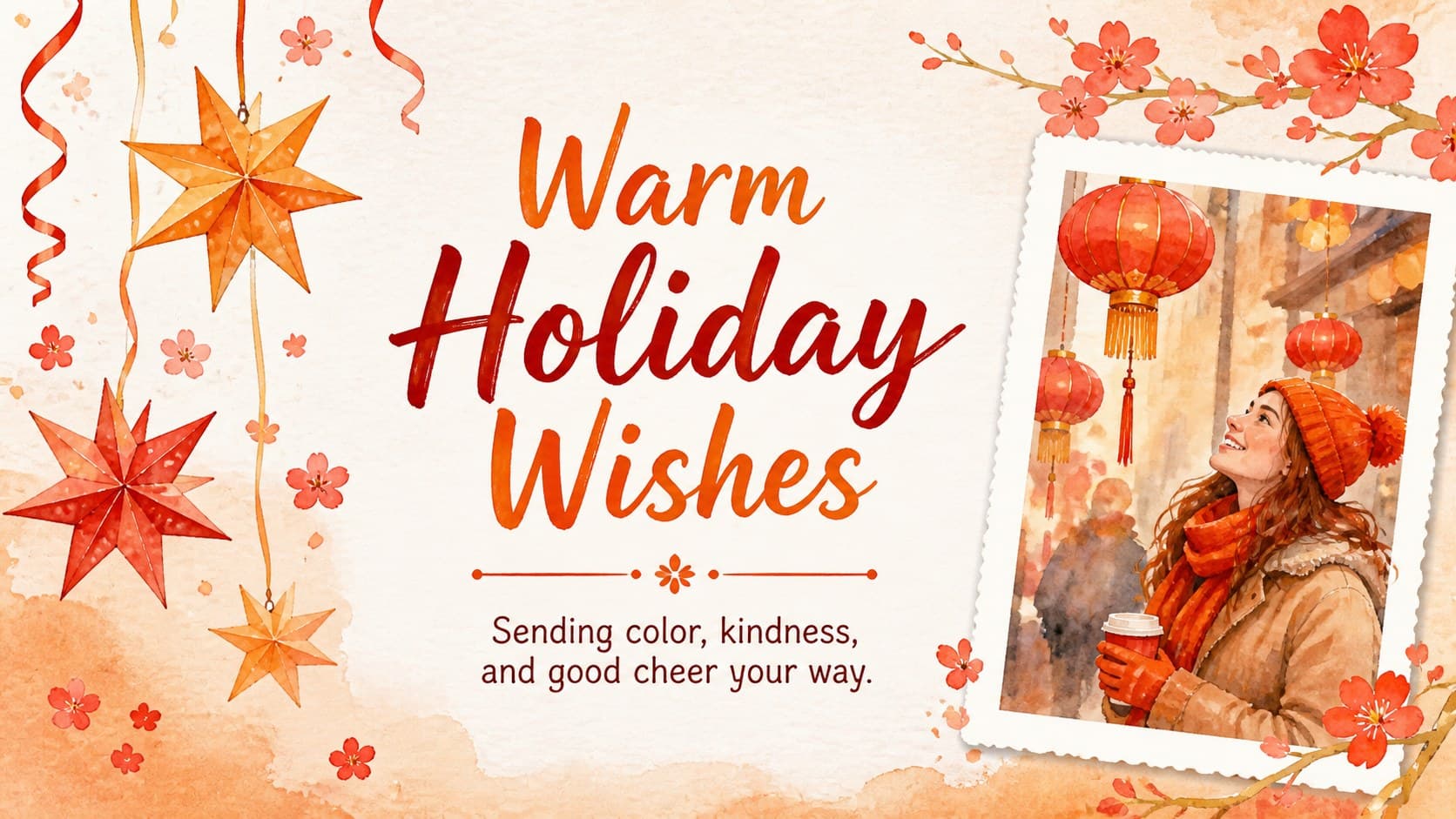 Holiday message slideshow layout with colorful lettering, festive ornaments, and an editable greeting.