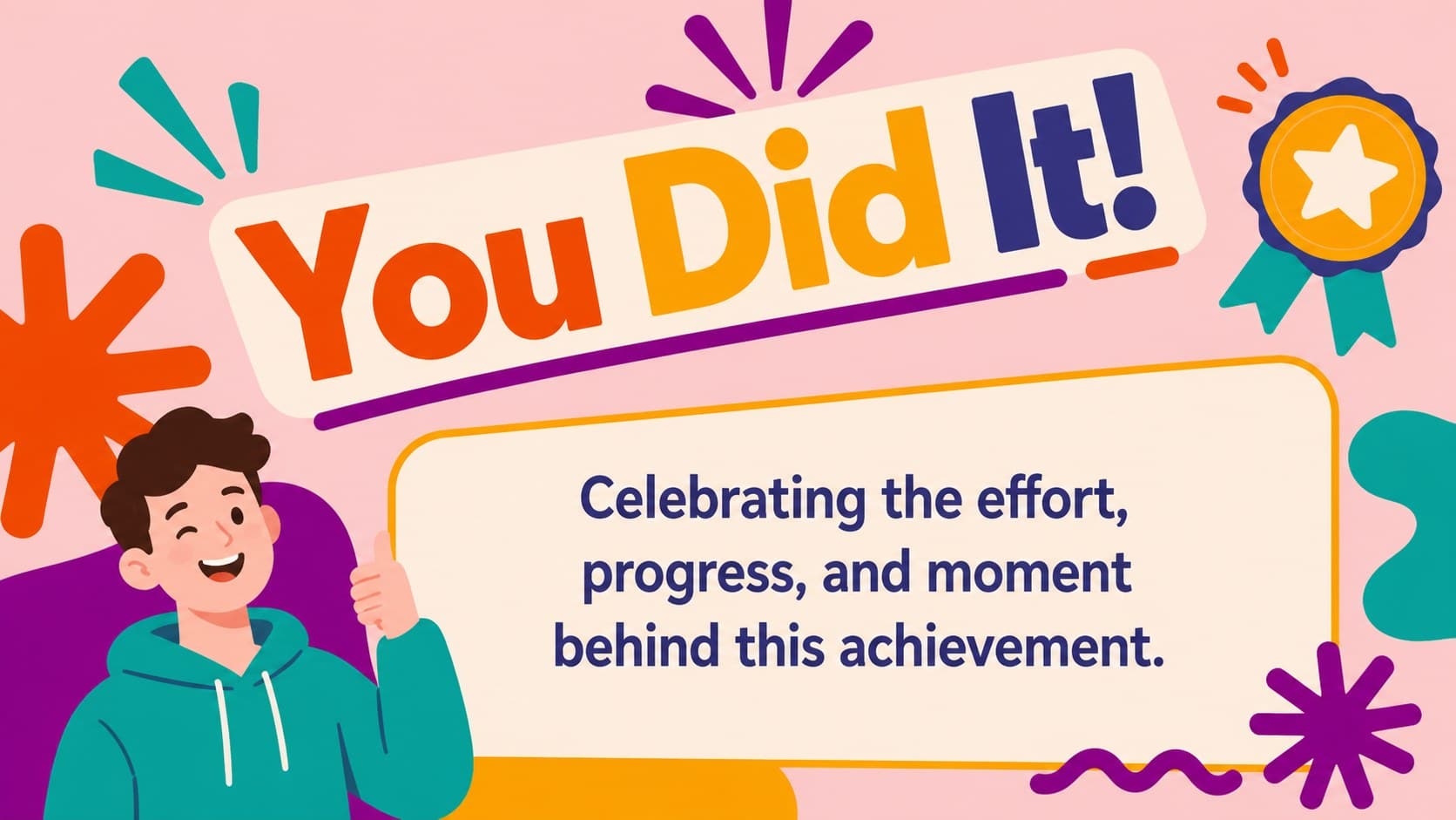 Congratulations card slide featuring energetic lettering and a bright orange celebratory border.