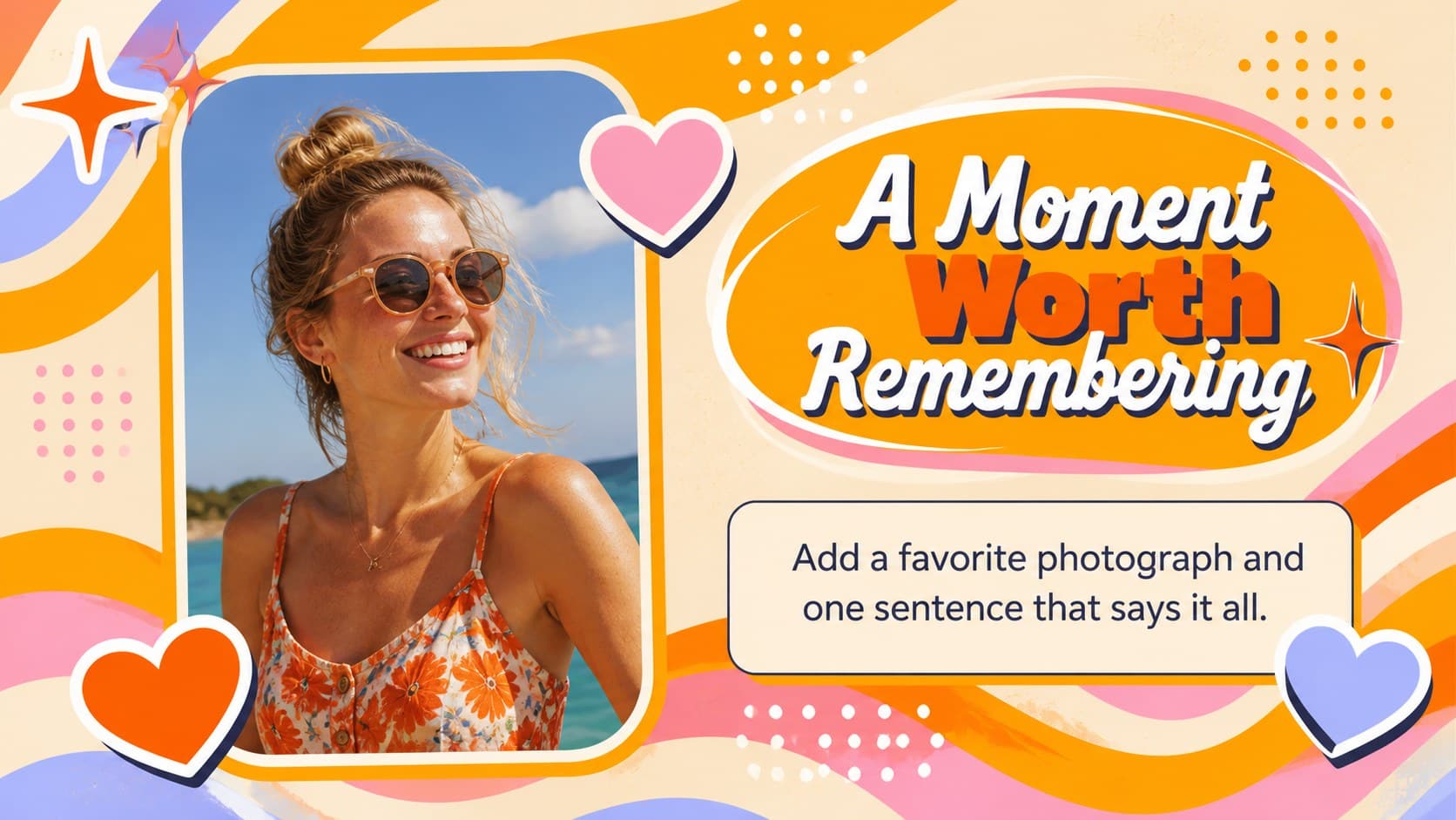Personalized greeting slideshow slide with photo space, colorful message lettering, and orange accents.