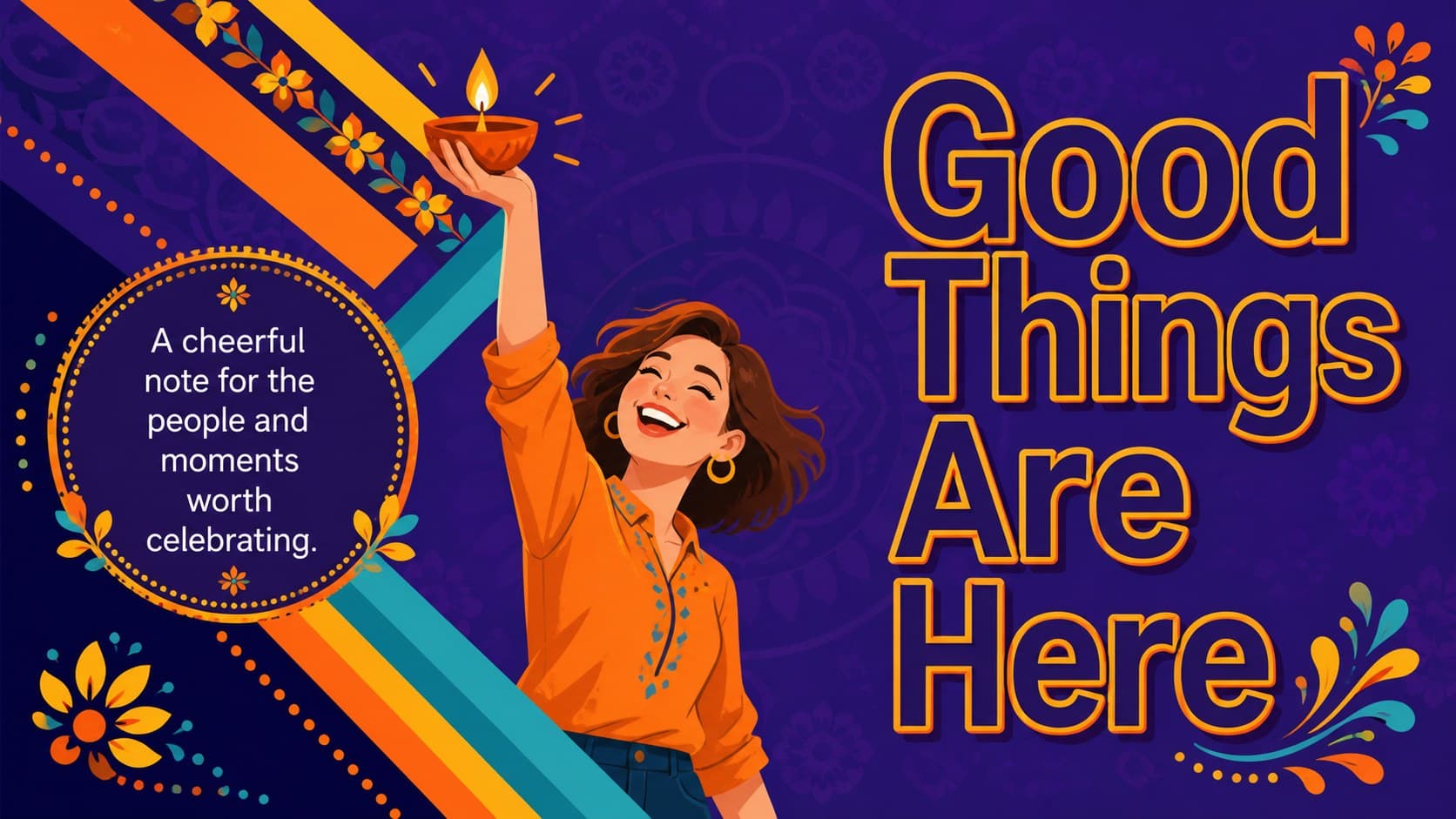 Playful lettering presentation slide for a holiday greeting with bold type and colorful geometric decoration.