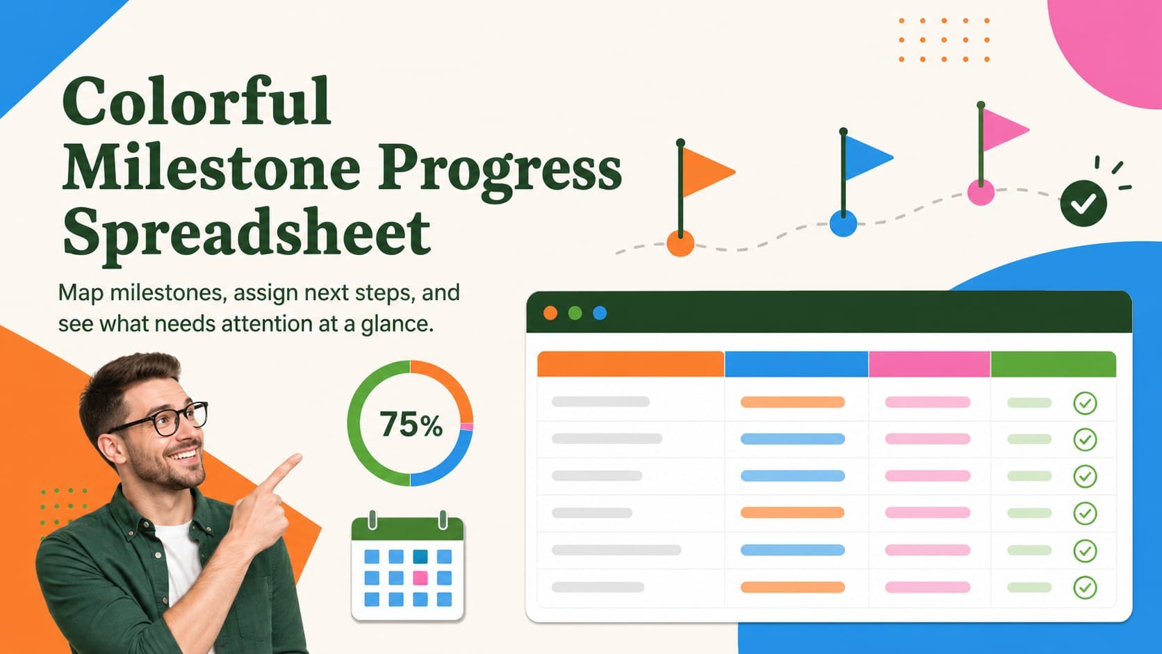 Cover preview for a Colorful Milestone Progress Spreadsheet with bright planning accents and an organized workbook motif.