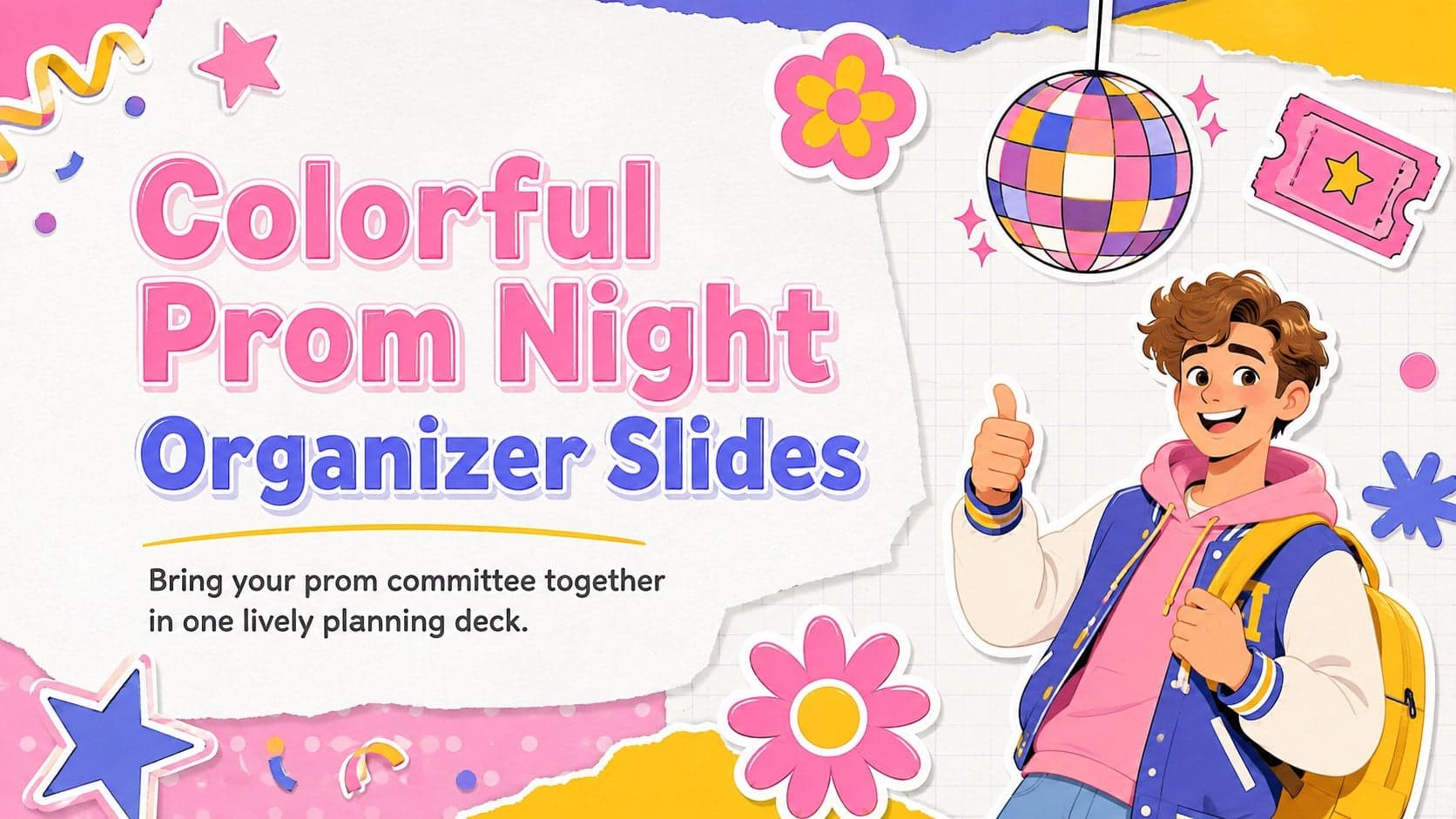 Colorful Prom Night Organizer Slides cover with playful party stickers on a bright white background.