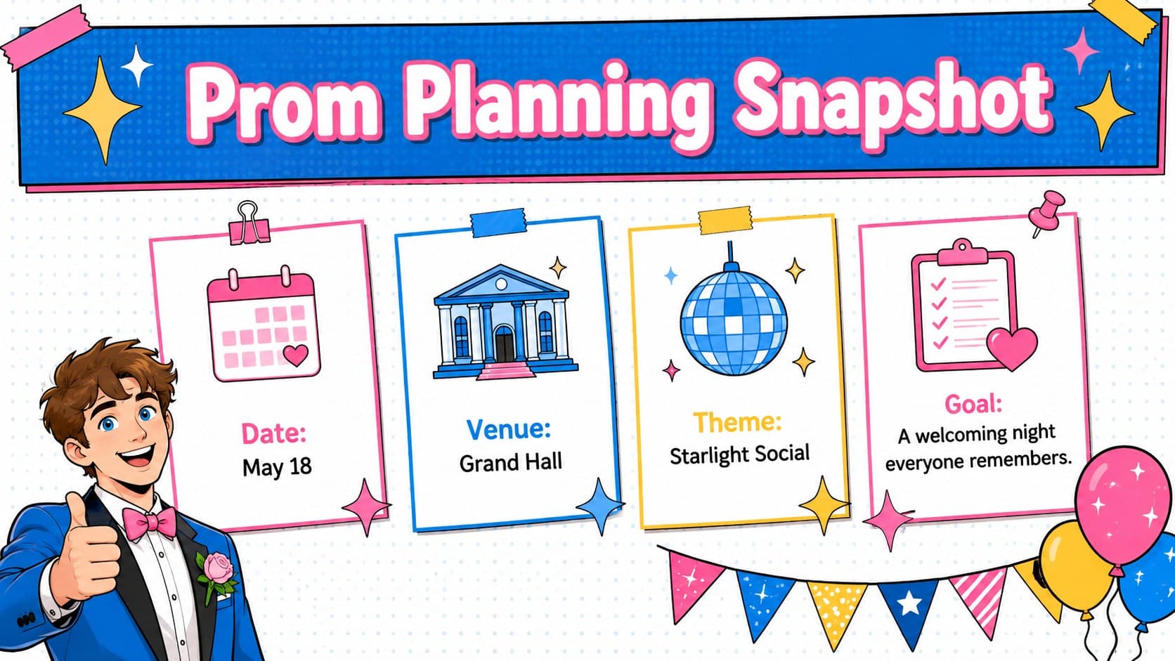 Prom committee planning presentation dashboard showing key goals, deadlines, and event details.