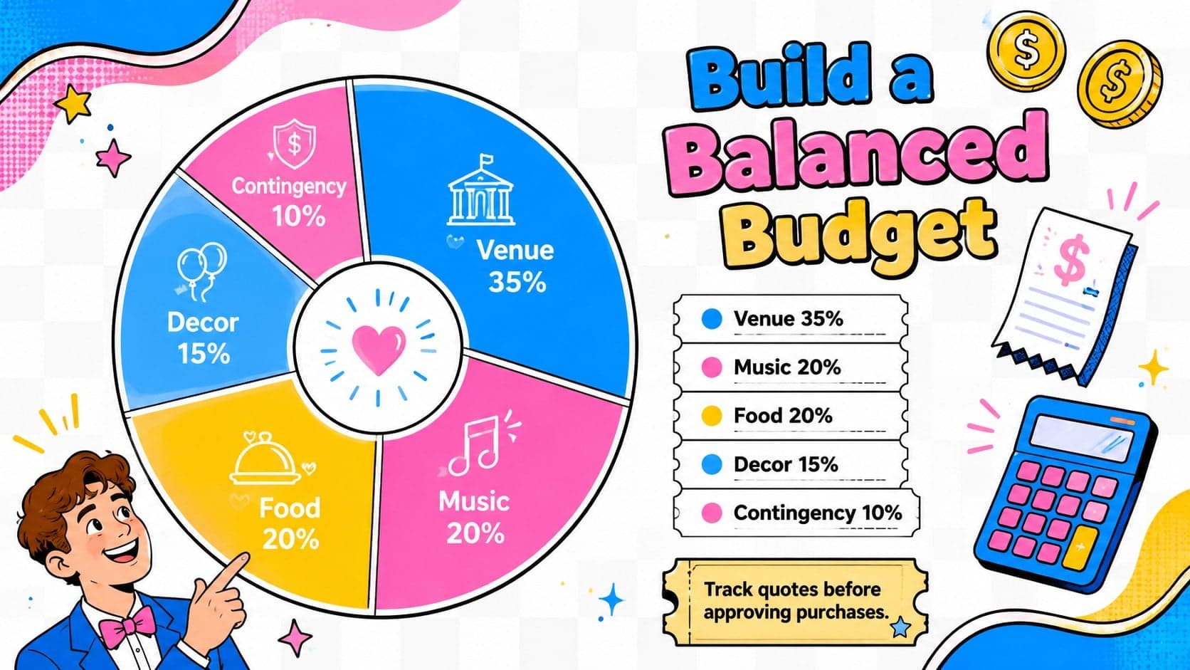 School formal budget presentation with colorful allocations for venue, music, food, decor, and contingency.
