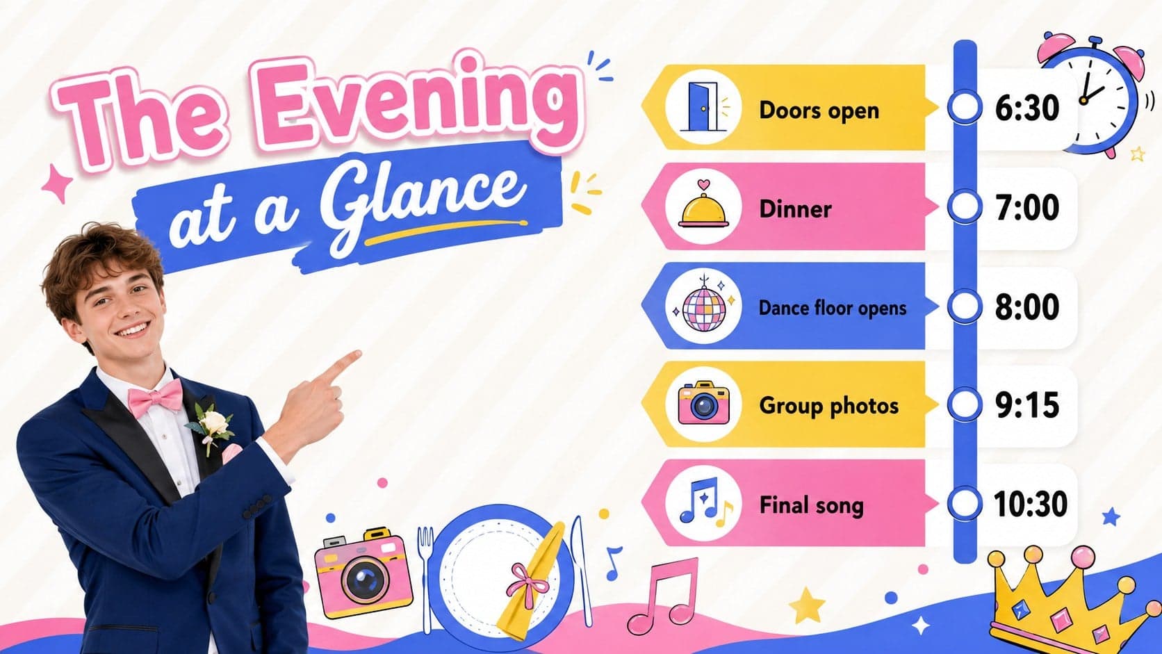 Prom night schedule template outlining arrivals, dinner, dancing, photos, and the closing song.