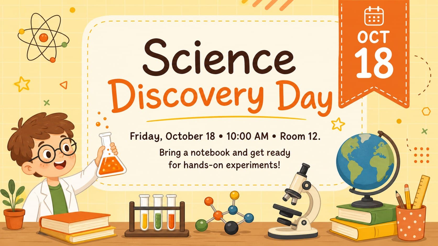 Editable school bulletin template announcing a science activity day with date, location, and supply details.