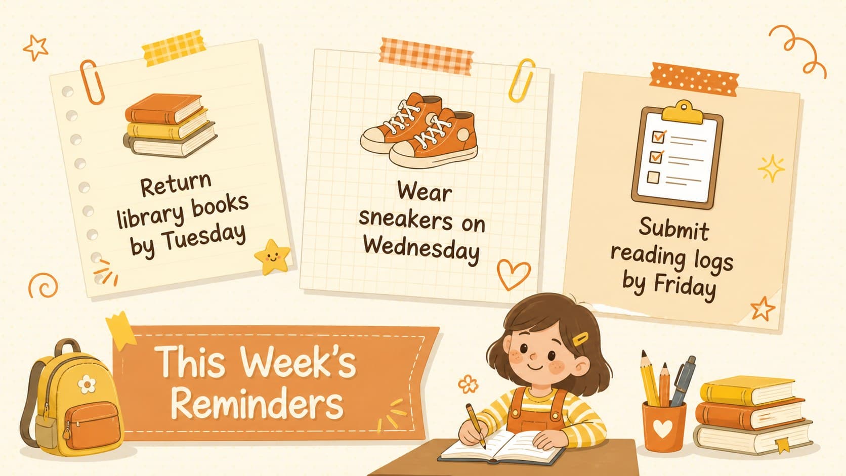 Printable classroom notice slide presenting three friendly reminders in an orange, yellow, and beige illustrated layout.