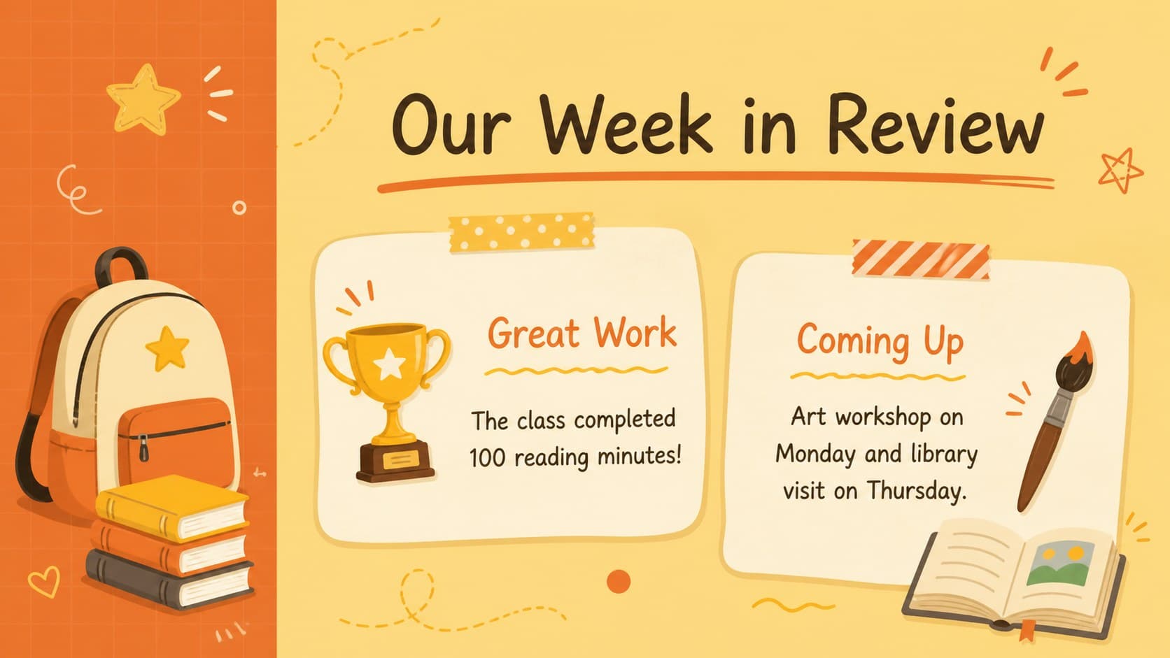 Weekly classroom update poster highlighting student achievements and upcoming activities in a playful illustrated design.