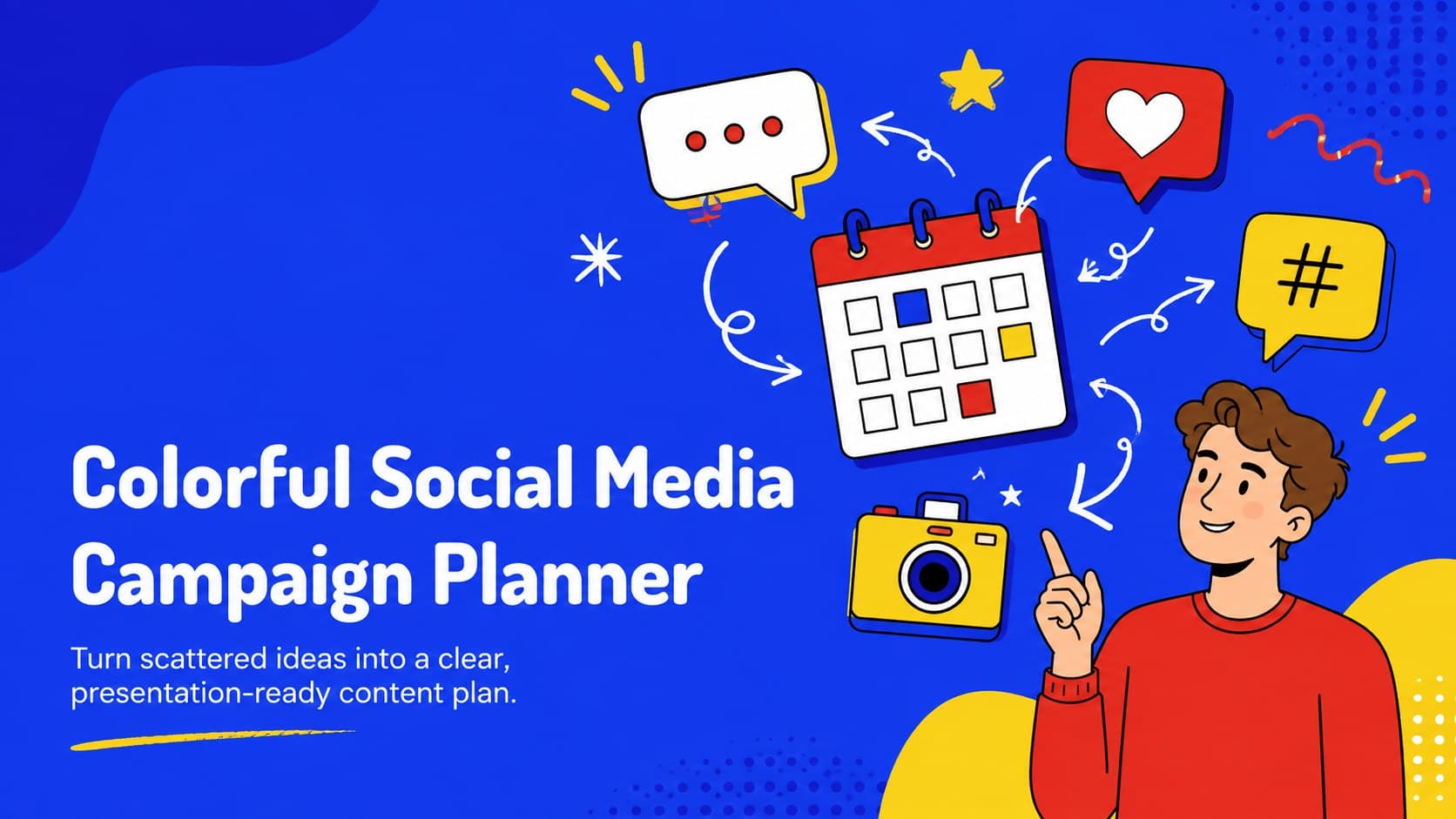 Colorful social media campaign planner cover with playful marketing illustrations in blue, red, and yellow.