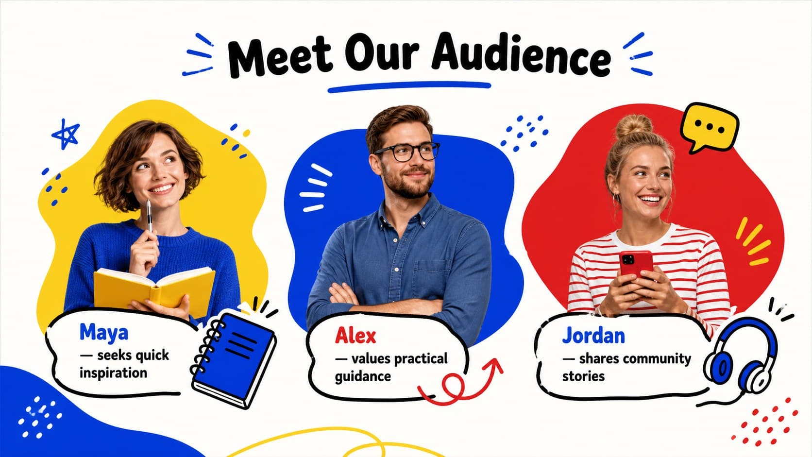 Audience persona presentation slide featuring three illustrated customer profiles and their content needs.