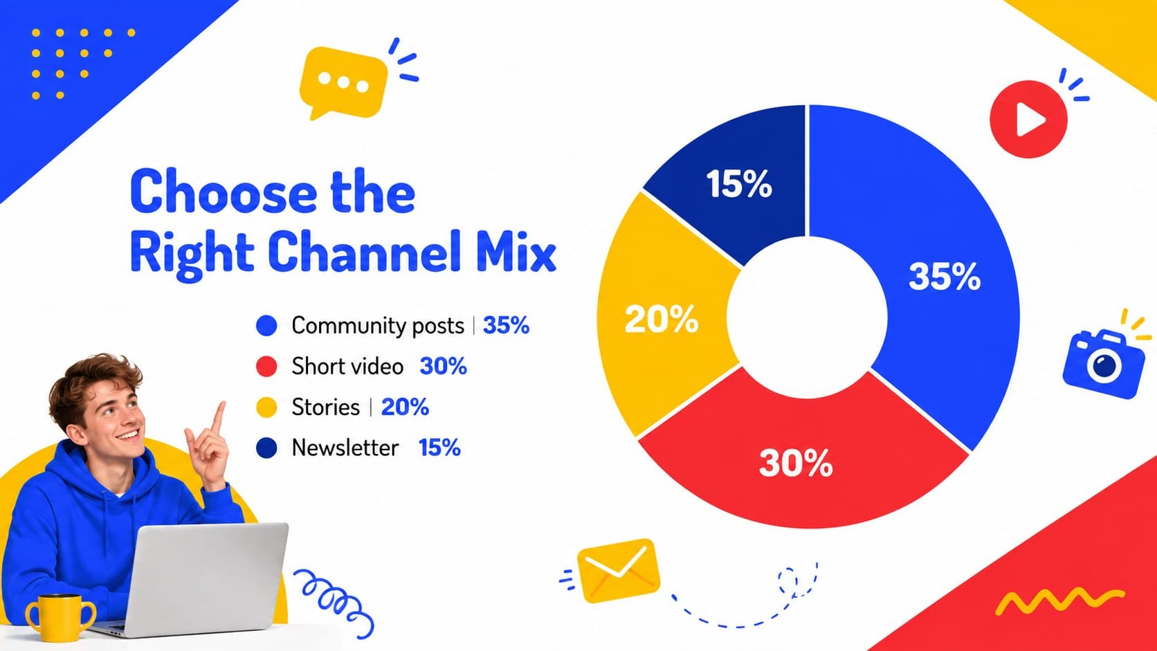 Social media channel mix slide comparing community, video, stories, and newsletter activity.