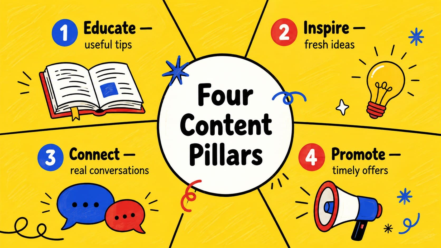 Illustrated content pillars slide organizing educate, inspire, connect, and promote themes.