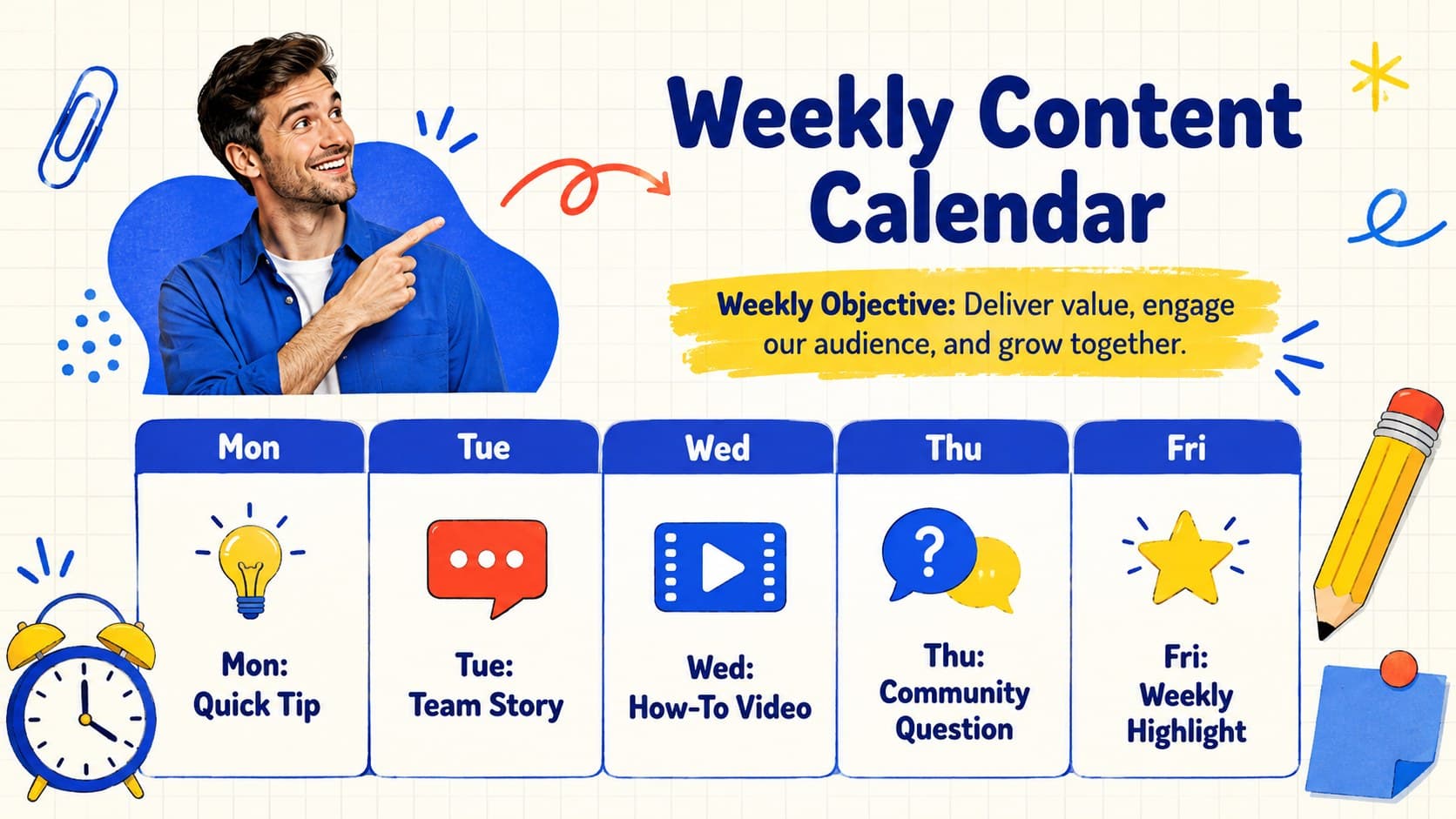 Colorful content calendar slide template showing a structured Monday-to-Friday posting schedule.