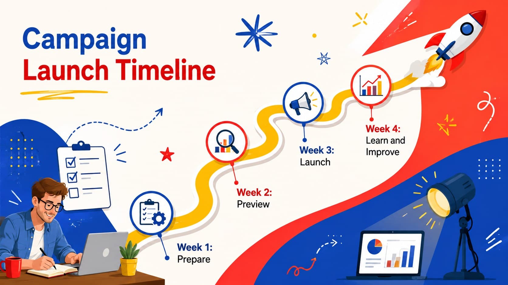 Social media launch timeline slide mapping preparation, preview, launch, and follow-up phases.