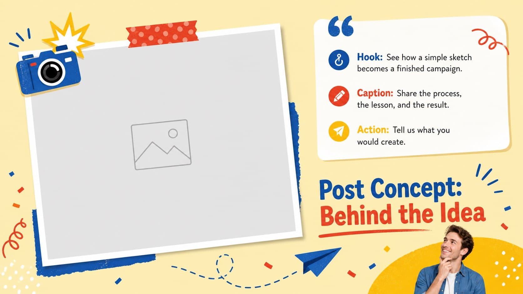 Creative social post concept slide with a photo placeholder, hook, caption, and call to action.