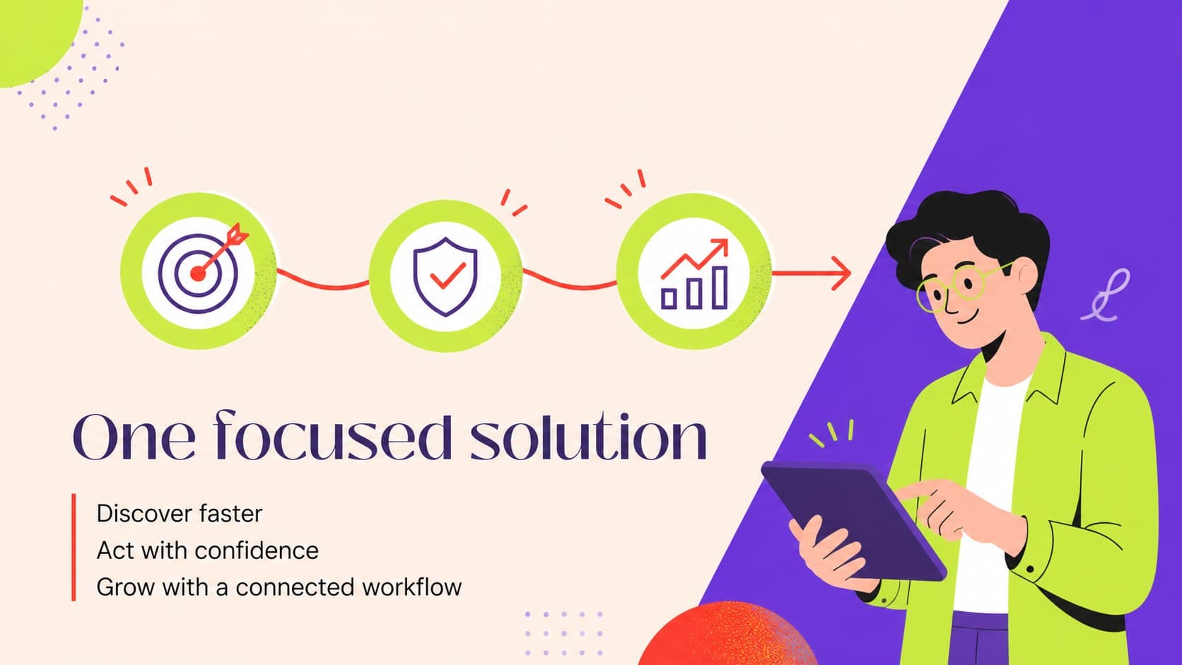 Solution slide showing how a startup addresses customer needs in a colorful visual framework.