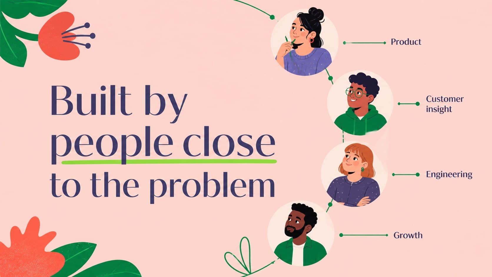 Team slide introducing startup roles with original colorful illustrated portraits and concise bios.