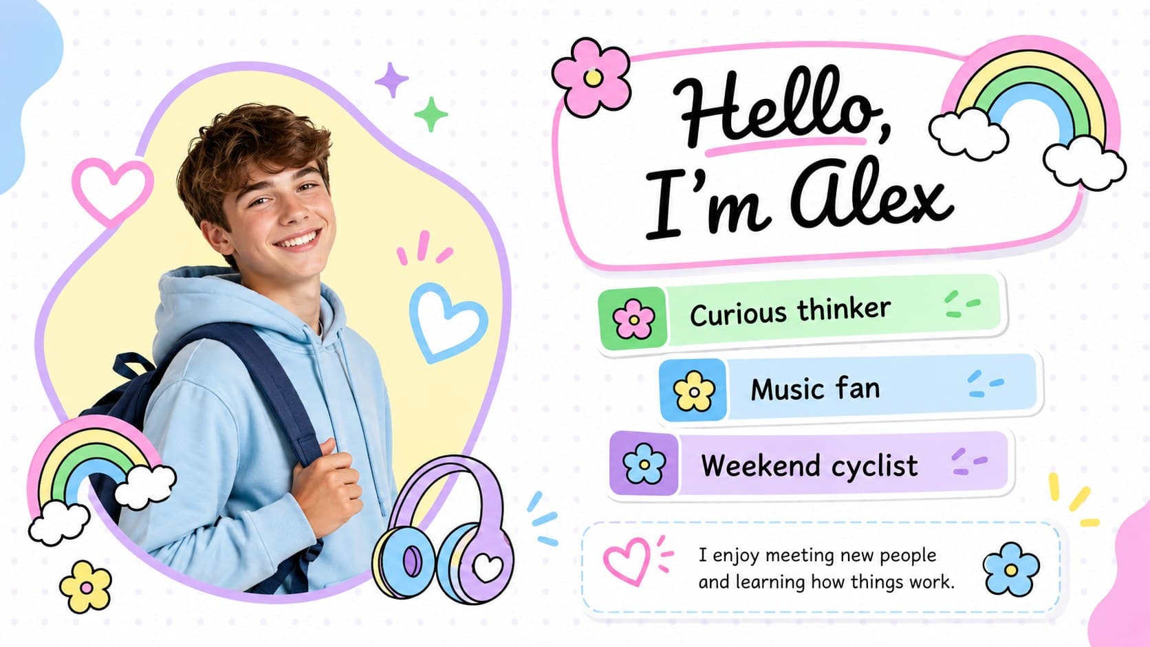 High school about me presentation slide introducing Alex with a portrait and three quick personality facts.