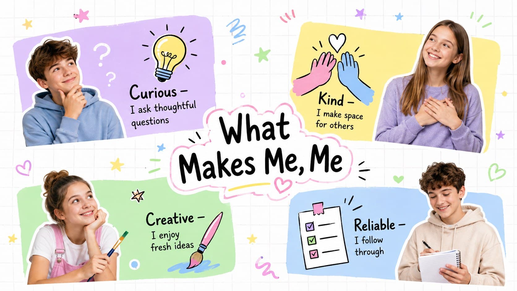 Colorful student introduction slide highlighting curiosity, kindness, creativity, and reliability.