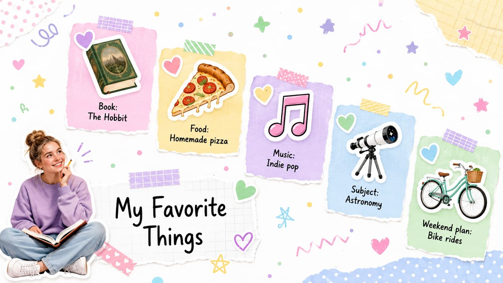 Pastel classroom introduction slide displaying a student's favorite book, food, music, subject, and weekend activity.