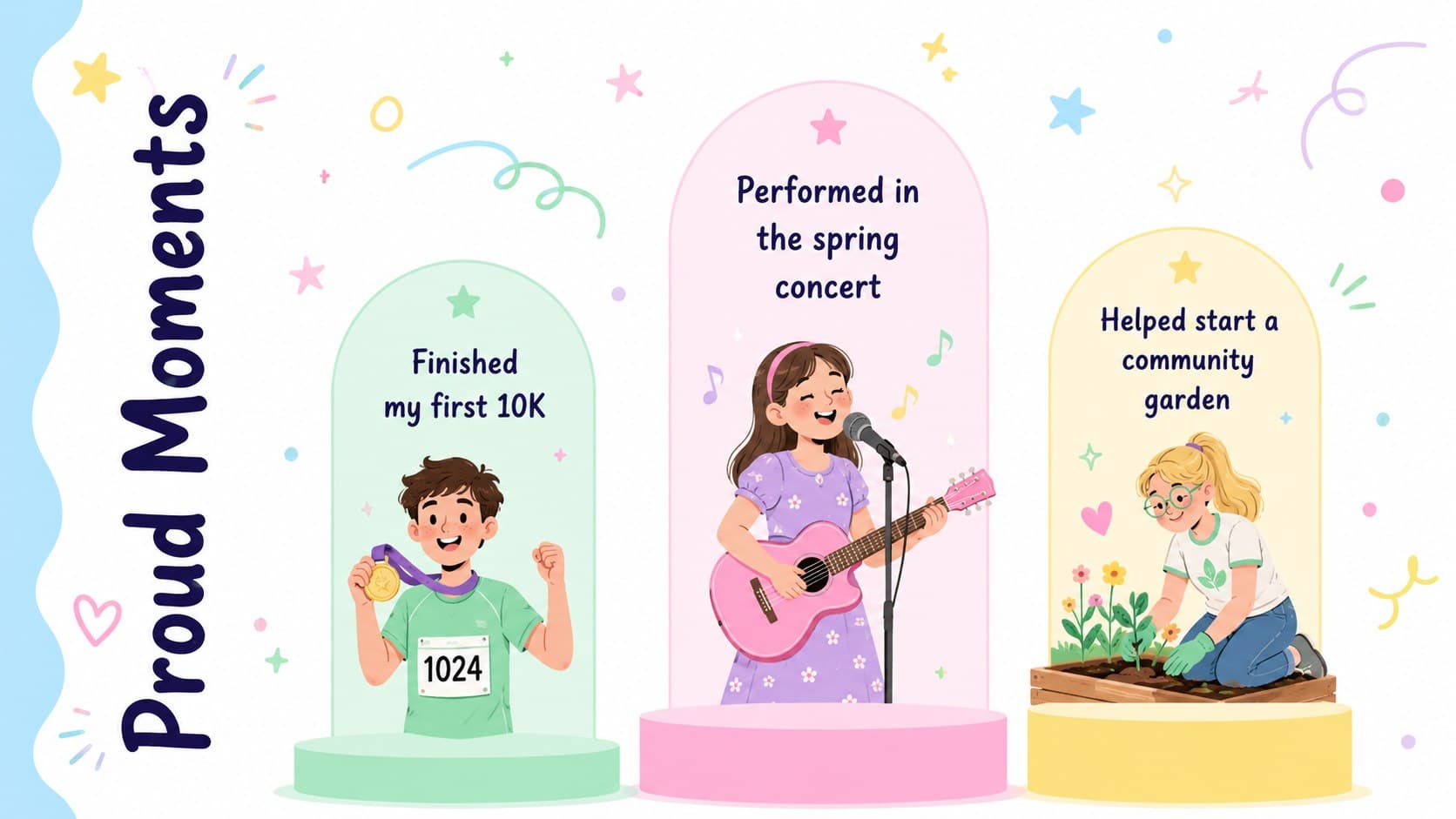 High school student introduction slide presenting three proud moments with medals and achievement illustrations.
