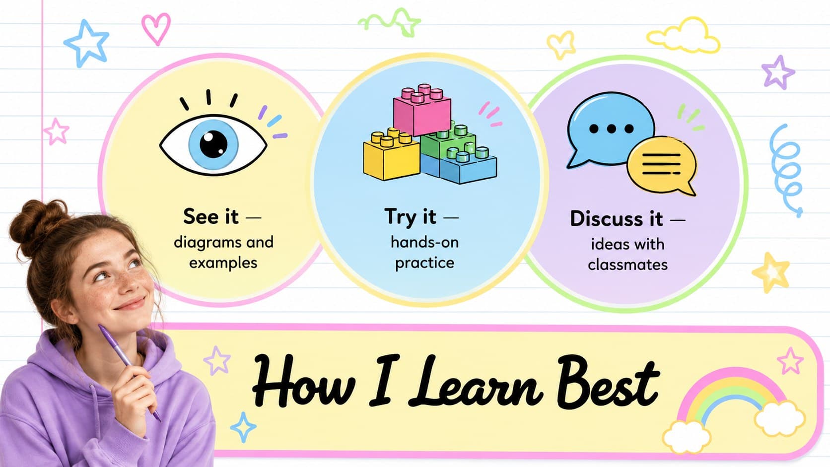 Editable about me slide explaining a student's visual, practical, and collaborative learning preferences.