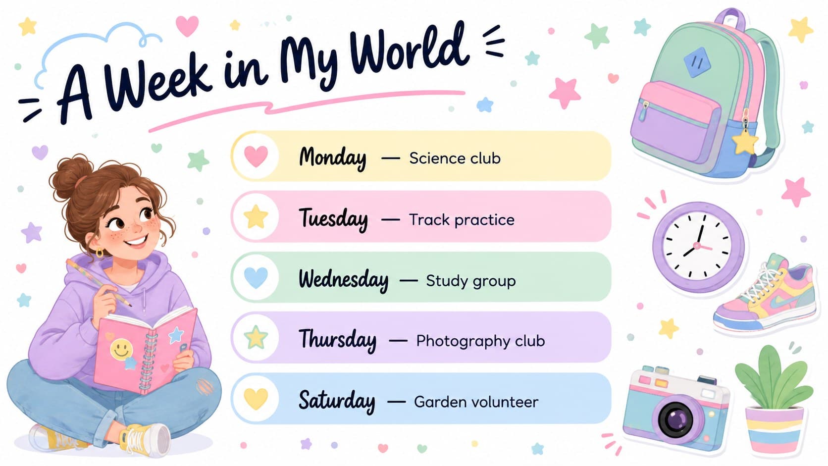 Student icebreaker slideshow template page with a weekly schedule for classes, clubs, practice, and volunteering.