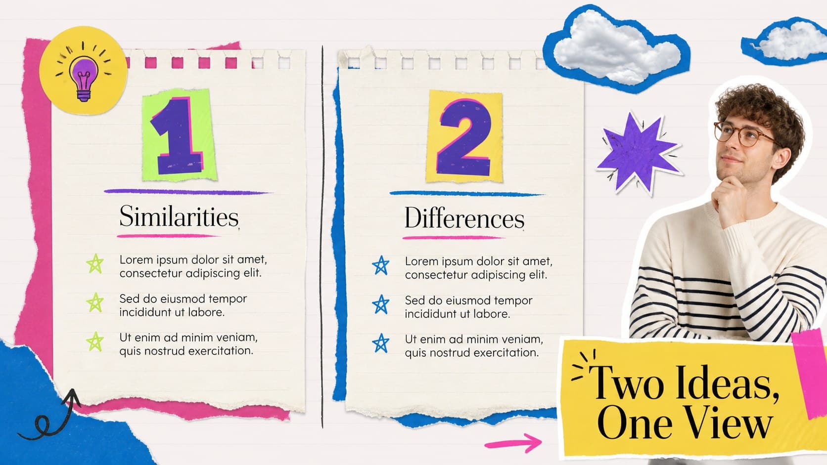 Comparison layout from a creative classroom presentation with two contrasting notebook cards.