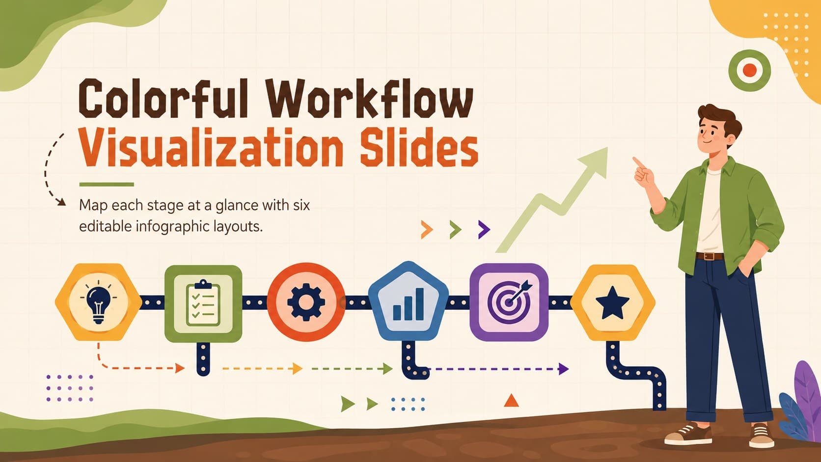 Cover for Colorful Workflow Visualization Slides with bright process graphics and a concise presentation subtitle.