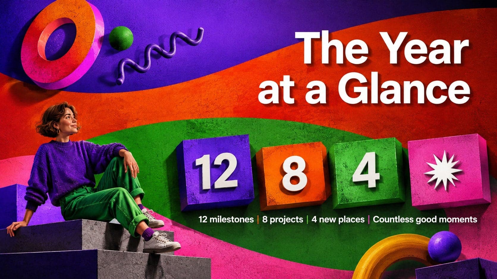 Annual overview layout showing four highlights in a bold 3D gradient presentation style.