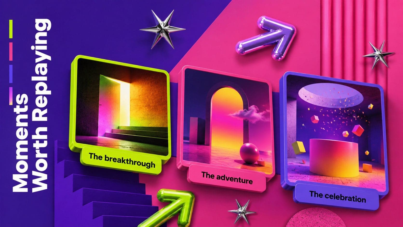 Year in review Google Slides theme featuring three memorable moments with photo frames and colorful 3D accents.