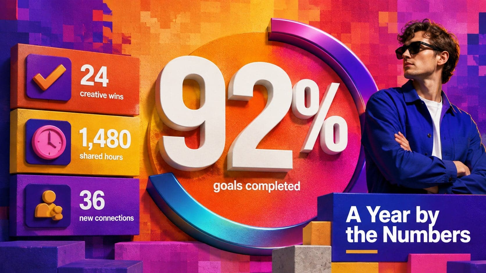 Colorful annual recap PowerPoint template page presenting key statistics with oversized numerals and gradient shapes.