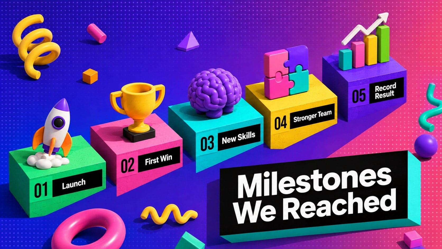 Business achievements recap slide displaying milestone cards with bright gradients and original 3D symbols.