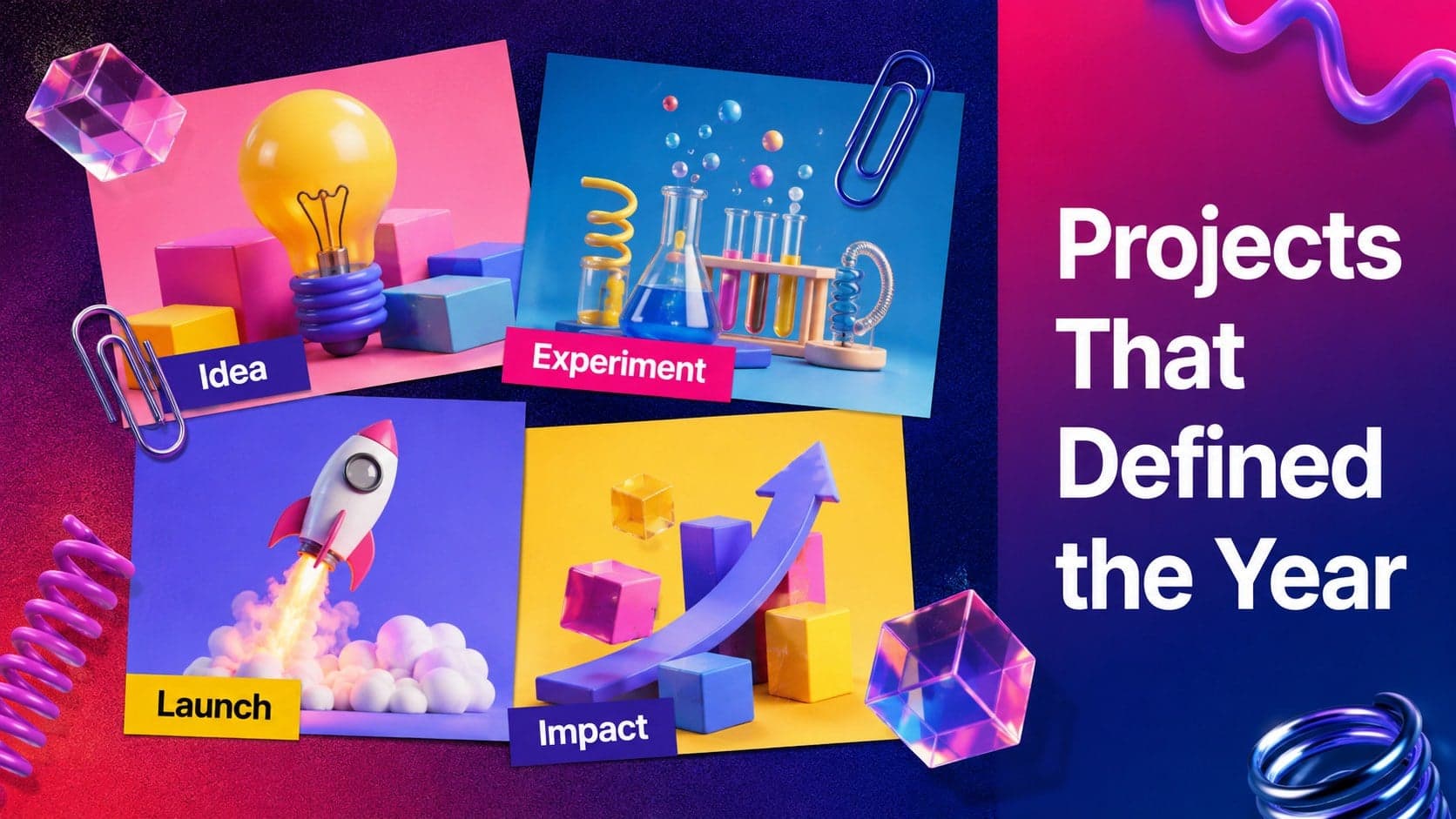 Creative project highlights arranged as a dynamic collage in a 3D gradient annual report template.