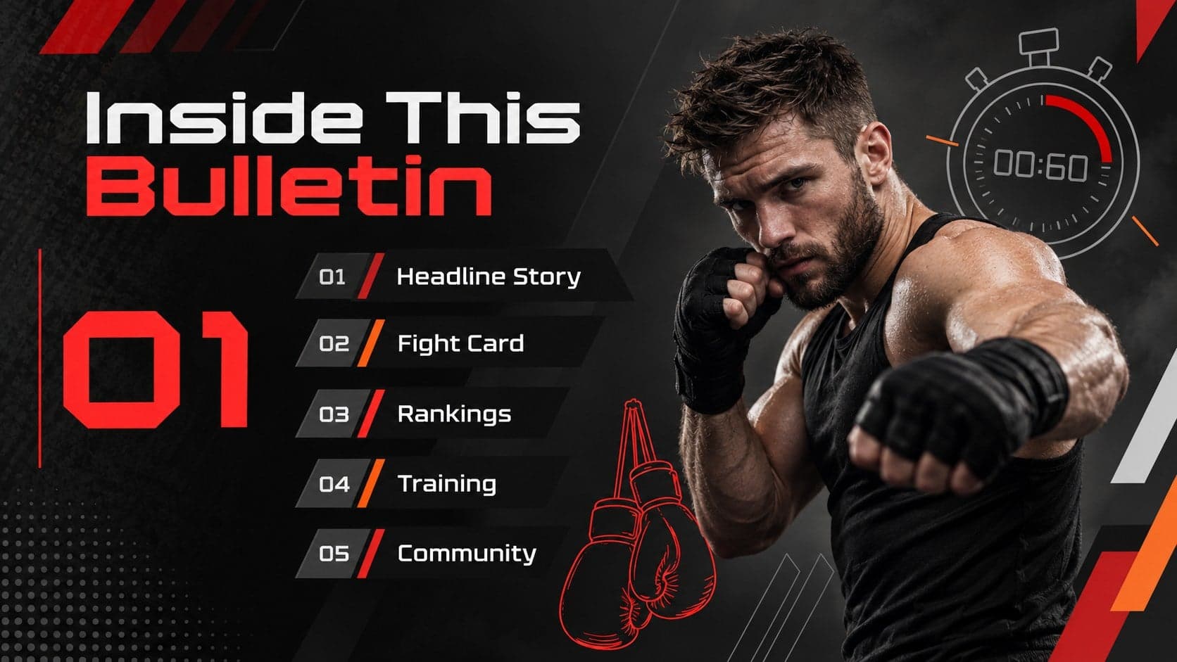 Issue overview slide listing sections in a modern combat sports bulletin deck.